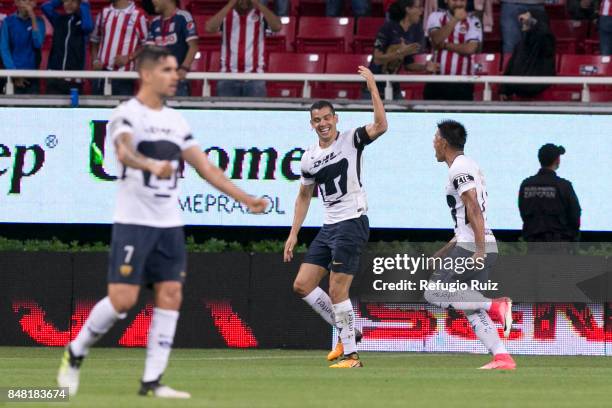 Gerardo Alcoba of Pumas celebrates after scoring the first goal of his team during the 9th round match between Chivas and Pumas UNAM as part of the...