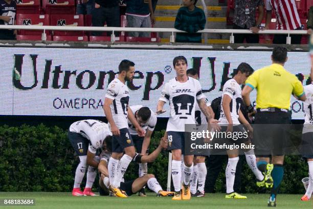 Gerardo Alcoba of Pumas celebrates after scoring the first goal of his team during the 9th round match between Chivas and Pumas UNAM as part of the...