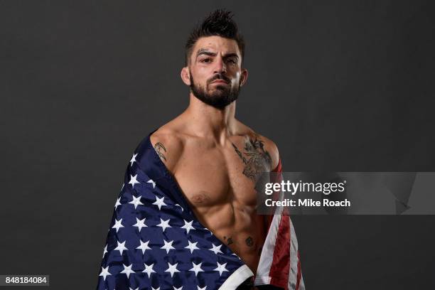Mike Perry poses for a post fight portrait backstage during the UFC Fight Night event inside the PPG Paints Arena on September 16, 2017 in...