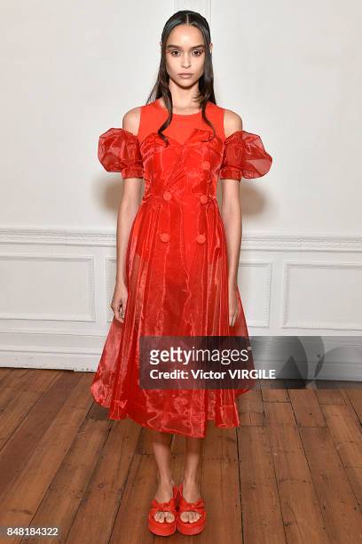 Model poses at the Xiao Li Ready to Wear Spring/Summer 2018 presentation during London Fashion Week September 2017 on September 15, 2017 in London,...