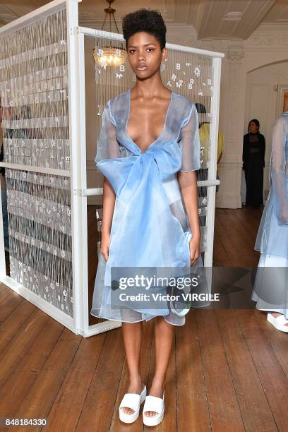 Model poses at the Xiao Li Ready to Wear Spring/Summer 2018 presentation during London Fashion Week September 2017 on September 15, 2017 in London,...