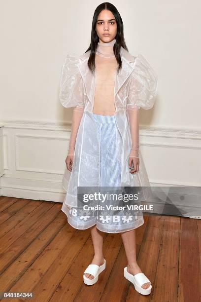 Model poses at the Xiao Li Ready to Wear Spring/Summer 2018 presentation during London Fashion Week September 2017 on September 15, 2017 in London,...