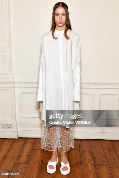 Model poses at the Xiao Li Ready to Wear Spring/Summer 2018 presentation during London Fashion Week September 2017 on September 15, 2017 in London,...