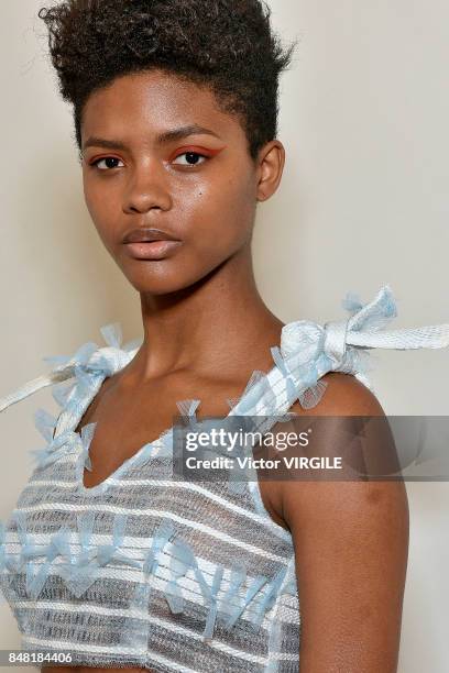 Model poses at the Xiao Li Ready to Wear Spring/Summer 2018 presentation during London Fashion Week September 2017 on September 15, 2017 in London,...