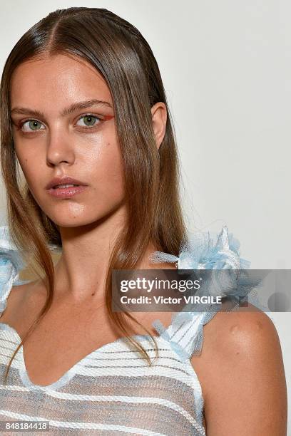 Model poses at the Xiao Li Ready to Wear Spring/Summer 2018 presentation during London Fashion Week September 2017 on September 15, 2017 in London,...