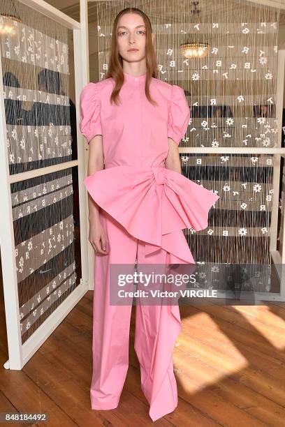 Model poses at the Xiao Li Ready to Wear Spring/Summer 2018 presentation during London Fashion Week September 2017 on September 15, 2017 in London,...