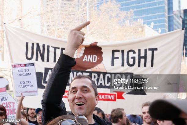 Protester from the left wing taunts those on the right on September 17, 2017 in Melbourne, Australia. Left-wing group Campaign Against Racism and...