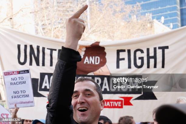 Protester from the left wing taunts those on the right on September 17, 2017 in Melbourne, Australia. Left-wing group Campaign Against Racism and...