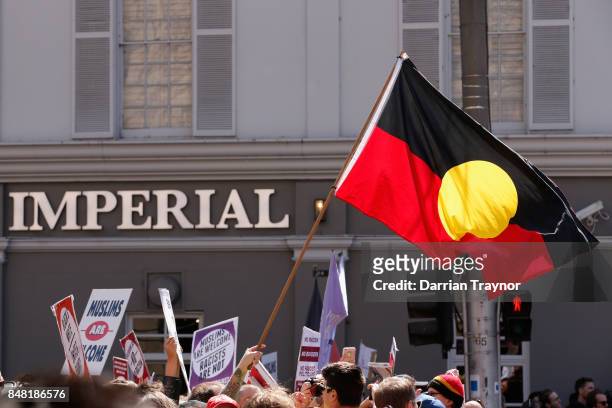 An Indigenous flag is seen flying on September 17, 2017 in Melbourne, Australia. Left-wing group Campaign Against Racism and Fascism organised a...
