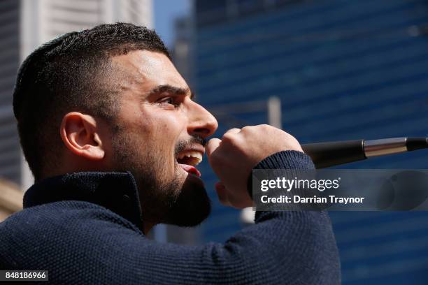 Avi Yemini speaks to the right wing protesters on September 17, 2017 in Melbourne, Australia. Left-wing group Campaign Against Racism and Fascism...