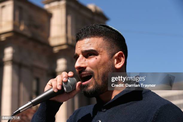 Avi Yemini speaks to the right wing protesters on September 17, 2017 in Melbourne, Australia. Left-wing group Campaign Against Racism and Fascism...