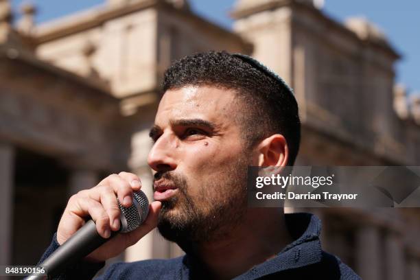 Avi Yemini speaks to the right wing protesters on September 17, 2017 in Melbourne, Australia. Left-wing group Campaign Against Racism and Fascism...