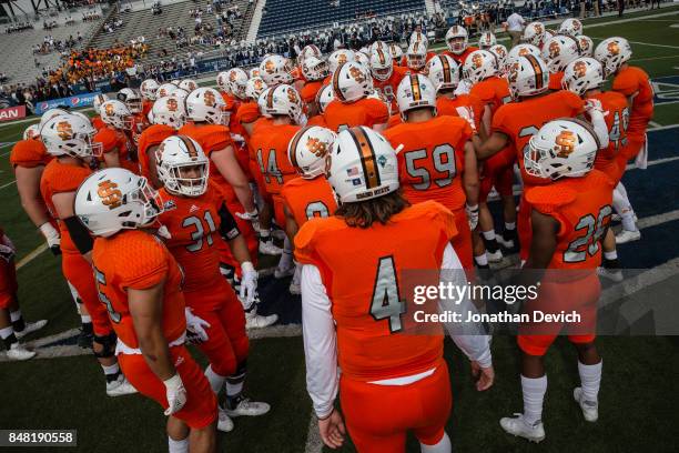 Idaho State Bengals players gather on the field before the game against the Nevada Wolf Pack at Mackay Stadium on September 16, 2017 in Reno, Nevada.