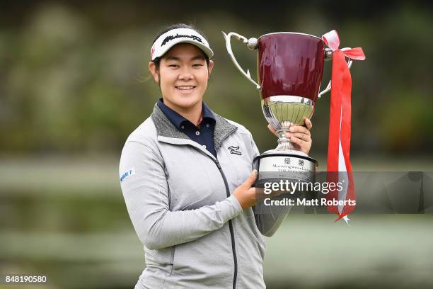 Fumika Kawagishi of Japan holds the winners trophy during the final round of the Munsingwear Ladies Tokai Classic 2017 at the Shin Minami Aichi...