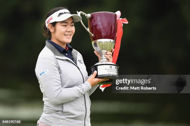 Fumika Kawagishi of Japan holds the winners trophy during the final round of the Munsingwear Ladies Tokai Classic 2017 at the Shin Minami Aichi...