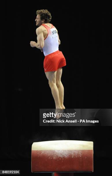 Barry YMCA Gym Club's Clinton Purnell performing on vault during the individual apparatus finals during the Men's and Women's Artistic Gymnastics...