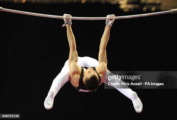 Hinkley Gymnastics Club's Sam Hunter performing on the high bar during the individual apparatus finals during the Men's and Women's Artistic...