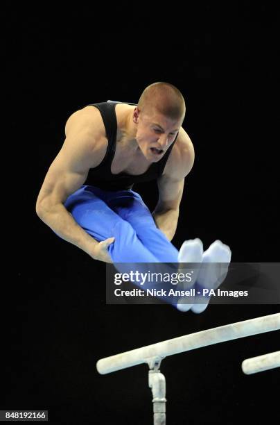 Southport YMCA gymnastics club's Frank Bains performing on parallel bars during the individual apparatus finals during the Men's and Women's Artistic...