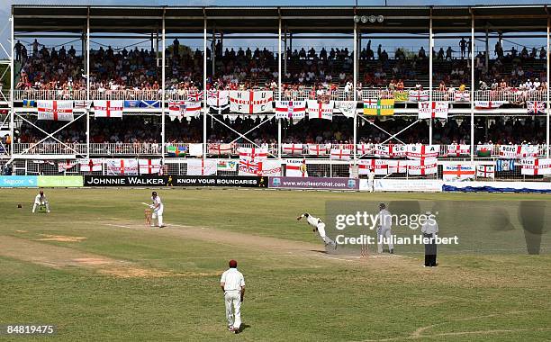 Fidal Edwards of The West Indies comes into bowl on day two of the 3rd Test between the West Indies and England played at The Antigua Recreation...