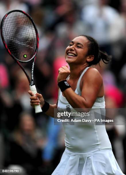 Great Britain's Heather Watson celebrates after beating Czech Republic's Iveta Benesova during day one of the 2012 Wimbledon Championships at the All...