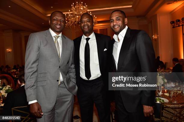 Former NBA Players Theo Ratliff,Antonio Davis and Steve Smith attend the 2017 DMF Care for Congo Gala at St. Regis Hotel on September 16, 2017 in...