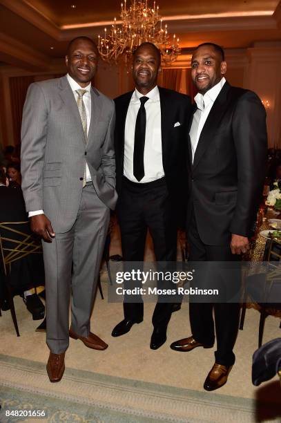 Former NBA Players Theo Ratliff,Antonio Davis and Steve Smith attend the 2017 DMF Care for Congo Gala at St. Regis Hotel on September 16, 2017 in...