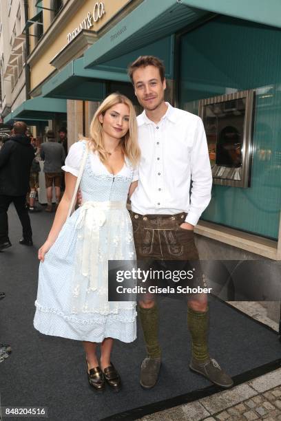 Max Felder and his girlfriend during the 'Fruehstueck bei Tiffany' at Tiffany Store ahead of the Oktoberfest on September 16, 2017 in Munich, Germany.