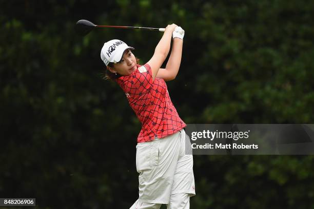 Kana Nagai of Japan hits her tee shot on the 2nd hole during the final round of the Munsingwear Ladies Tokai Classic 2017 at the Shin Minami Aichi...