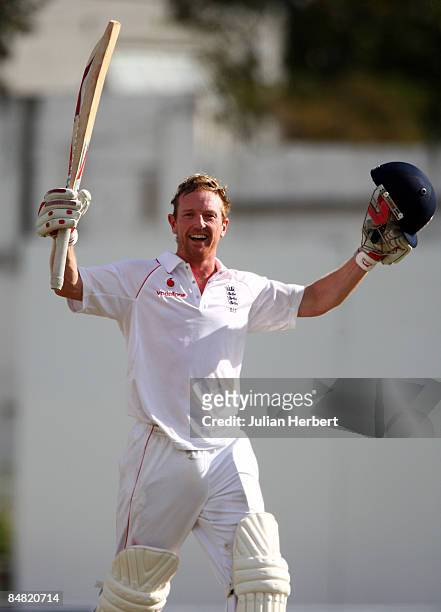 Paul Collingwood of England celebrates his century on day two of The 3rd Test between The West Indies and England played at The Antigua Recreation...