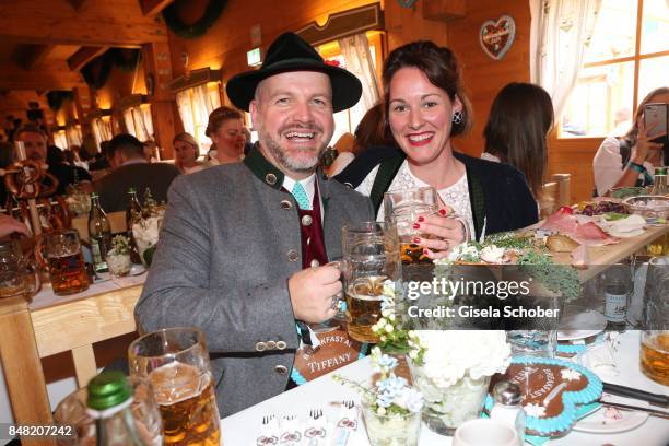 Oliver Rauh, Alexandra von Frankenberg - dirndl designer Amsel Fashion, during the 'Fruehstueck bei Tiffany' at Schuetzenfesthalle at the Oktoberfest...