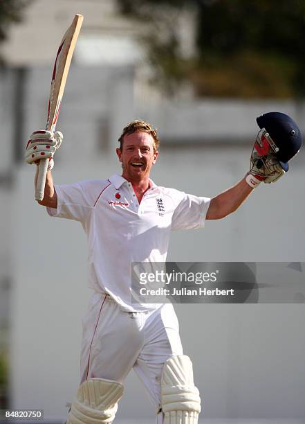 Paul Collingwood of England celebrates his century on day two of The 3rd Test between The West Indies and England played at The Antigua Recreation...