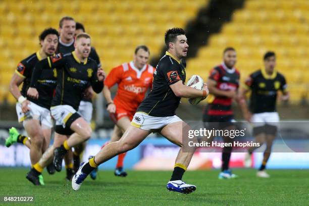 Jackson Garden-Bachop of Wellington makes a break during the round five Mitre 10 Cup match between Wellington and Canterbury at Westpac Stadium on...