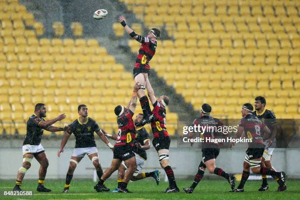 Tom Sanders of Canterbury wins a lineout during the round five Mitre 10 Cup match between Wellington and Canterbury at Westpac Stadium on September...