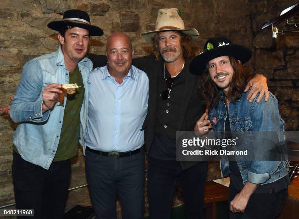 Love, Chef Andrew Zimmern, Donavon Frankenreiter and Cisco Adler backstage during the 18th Annual Americana Music Festival & Conference - Jamtown...