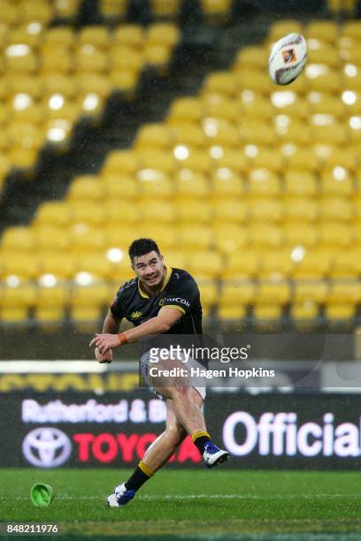 Jackson Garden-Bachop of Wellington kicks during the round five Mitre 10 Cup match between Wellington and Canterbury at Westpac Stadium on September...