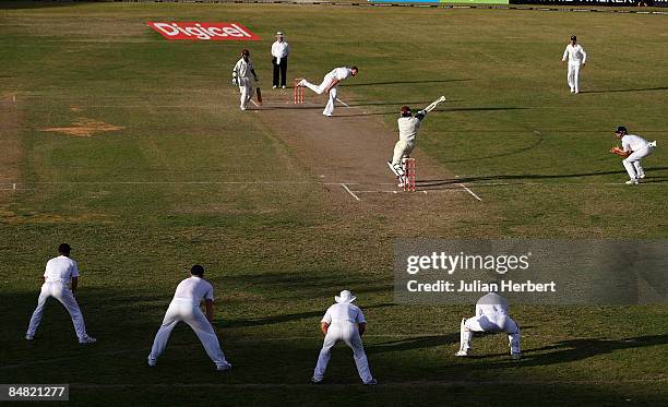 Steve Harmison bowls to Chris Gayle on day two of The 3rd Test between The West Indies and England played at The Antigua Recreation Ground on...