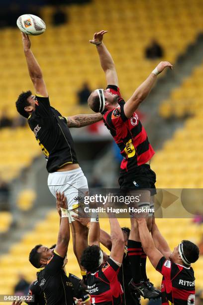 Isaia Walker-Leawere of Wellington wins a lineout over Hamish Dalzell of Canterbury during the round five Mitre 10 Cup match between Wellington and...