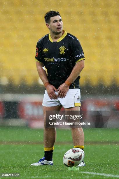 Jackson Garden-Bachop of Wellington lines up a kick during the round five Mitre 10 Cup match between Wellington and Canterbury at Westpac Stadium on...