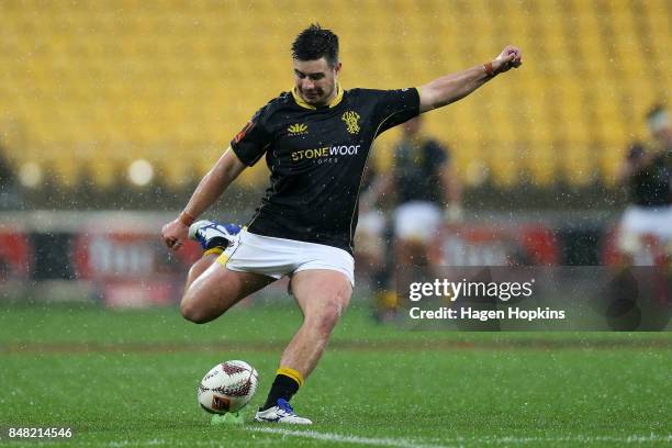 Jackson Garden-Bachop of Wellington kicks during the round five Mitre 10 Cup match between Wellington and Canterbury at Westpac Stadium on September...