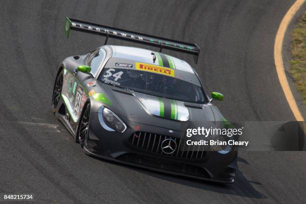 The Merceds AMG GT3 of Tim Pappas races down a hill during the GoPro Grand Prix of Sonoma Pirelli World Challenge GT race at Sonoma Raceway on...