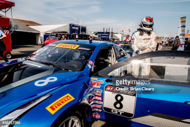 Michael Cooper prepares to drive before qualifying for the GoPro Grand Prix of Sonoma Pirelli World Challenge GT race at Sonoma Raceway on September...
