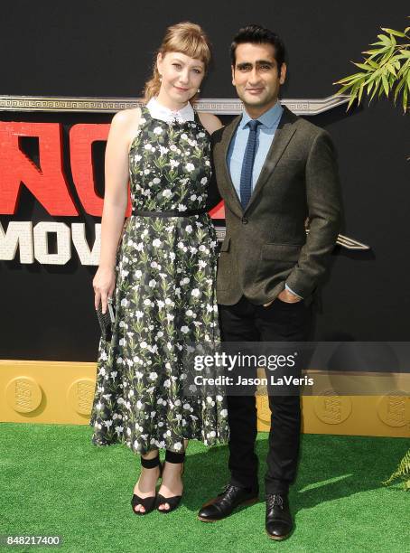 Emily V. Gordon and Kumail Nanjiani attend the premiere of "The LEGO Ninjago Movie" at Regency Village Theatre on September 16, 2017 in Westwood,...