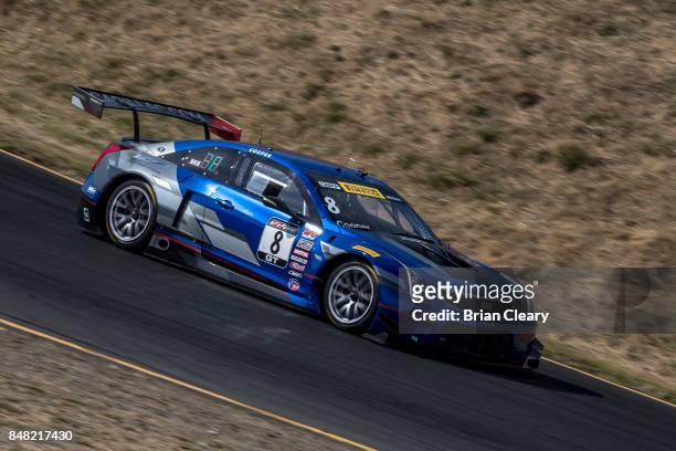 The Cadillac ATS-V.R of Michael Cooper races down a hill during the GoPro Grand Prix of Sonoma Pirelli World Challenge GT race at Sonoma Raceway on...