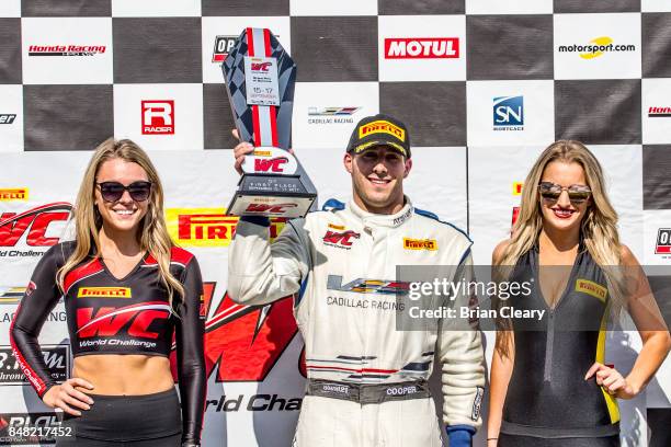 Michael Cooper celebrates in victory lane after winning the GoPro Grand Prix of Sonoma Pirelli World Challenge GT race at Sonoma Raceway on September...