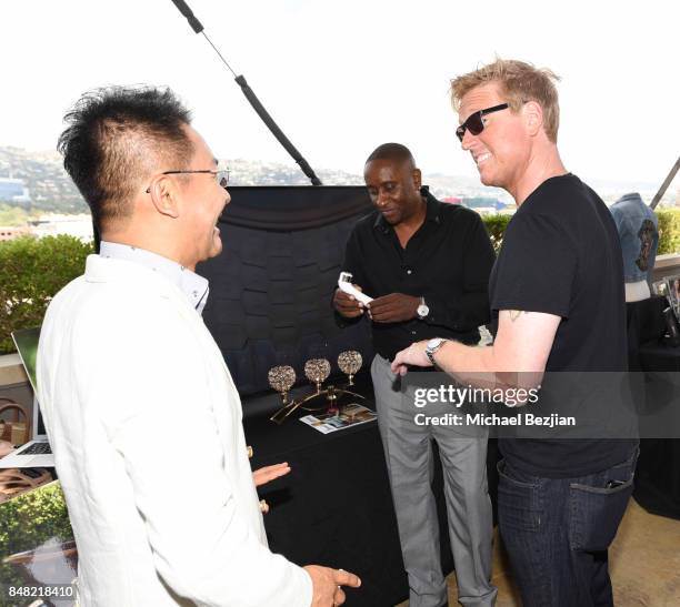 Calvin Yeo , Jake Busey, and Aswaad English attend Blooming Skin Care at the GBK & Pilot Pen Pre Awards Celebrity Lounge on September 16, 2017 in...