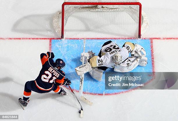 Kyle Okposo of the New York Islanders is stopped on his shootout attempt against Marc-Andre Fleury of the Pittsburgh Penguins on February 16, 2009 at...