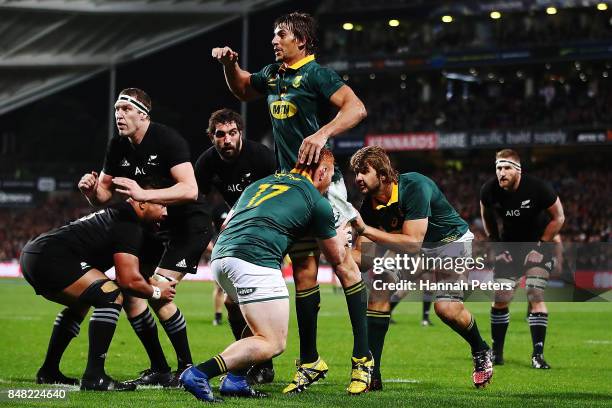 Brodie Retallick of the All Blacks lines up against Eben Etzebeth of South Africa in the lineout during the Rugby Championship match between the New...