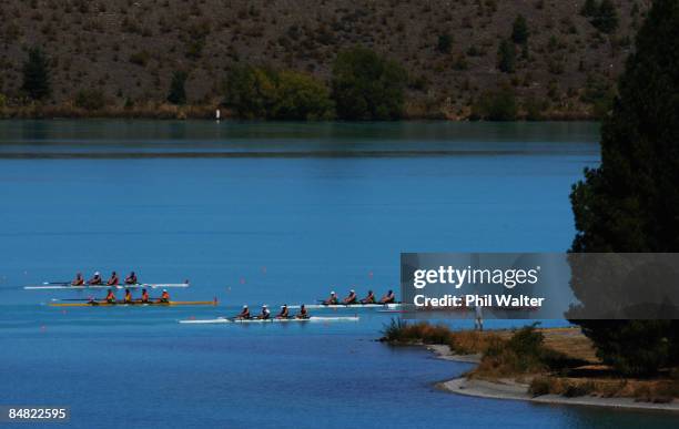 Crews in the Mens Premier Coxless Four make their way down the course during day one of the New Zealand National Club Rowing Championships at Lake...
