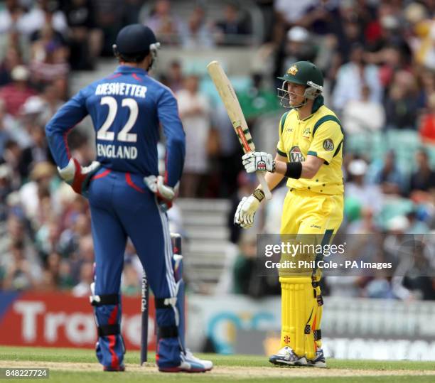 Australia's George Bailey celebrates reaching his half centaury during the One Day International at The Kia Oval, London.