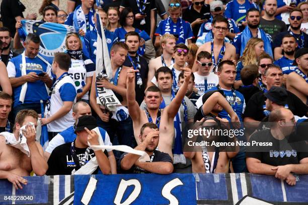 Fans of Strasbourg during the Ligue 1 match between AS Monaco and Strasbourg at Stade Louis II on September 16, 2017 in Monaco, .